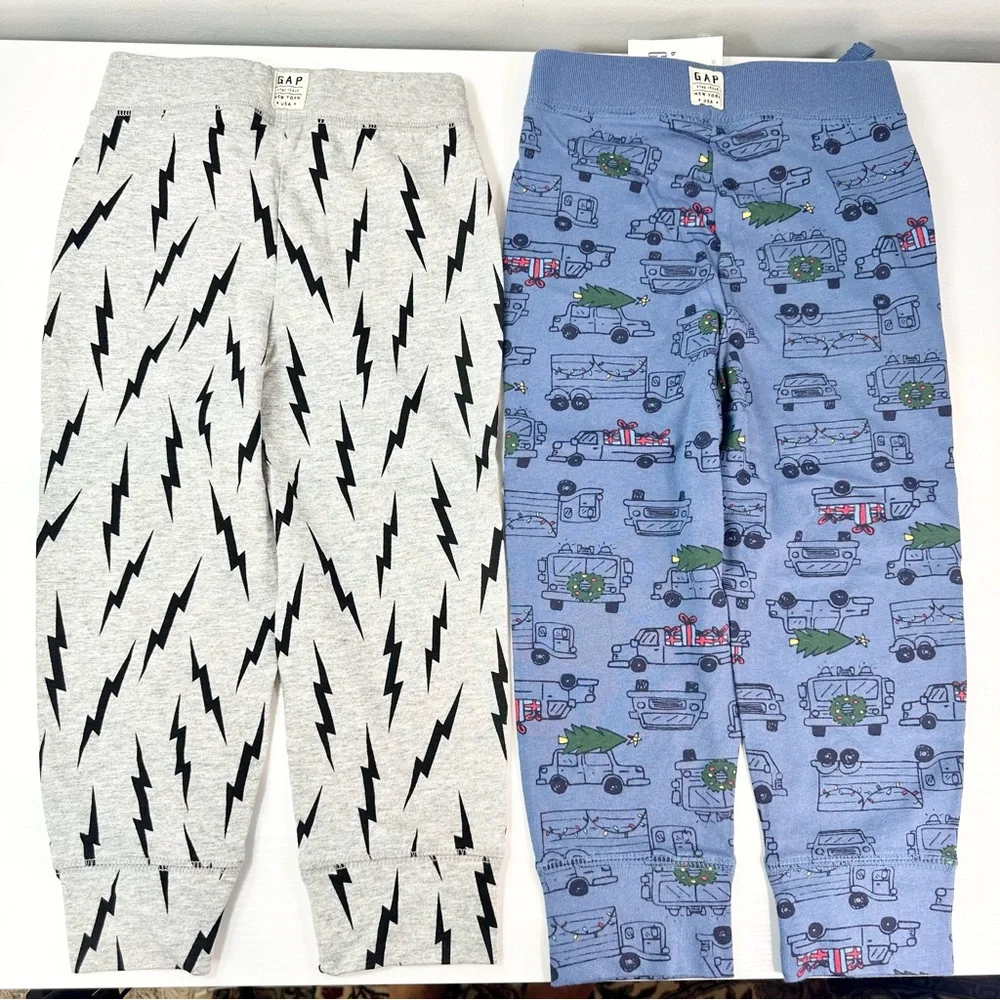 Bundled Lot of GAP Blue Truck Holiday and Gray Lightening Bolts Pull-On Joggers